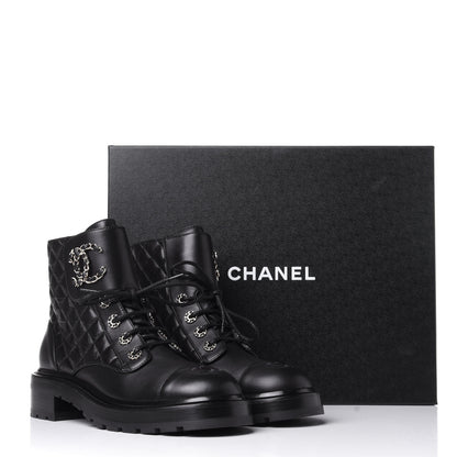 Chanel Shiny Lambskin Quilted Lace Up Combat Boots 39 Black 11 of 11