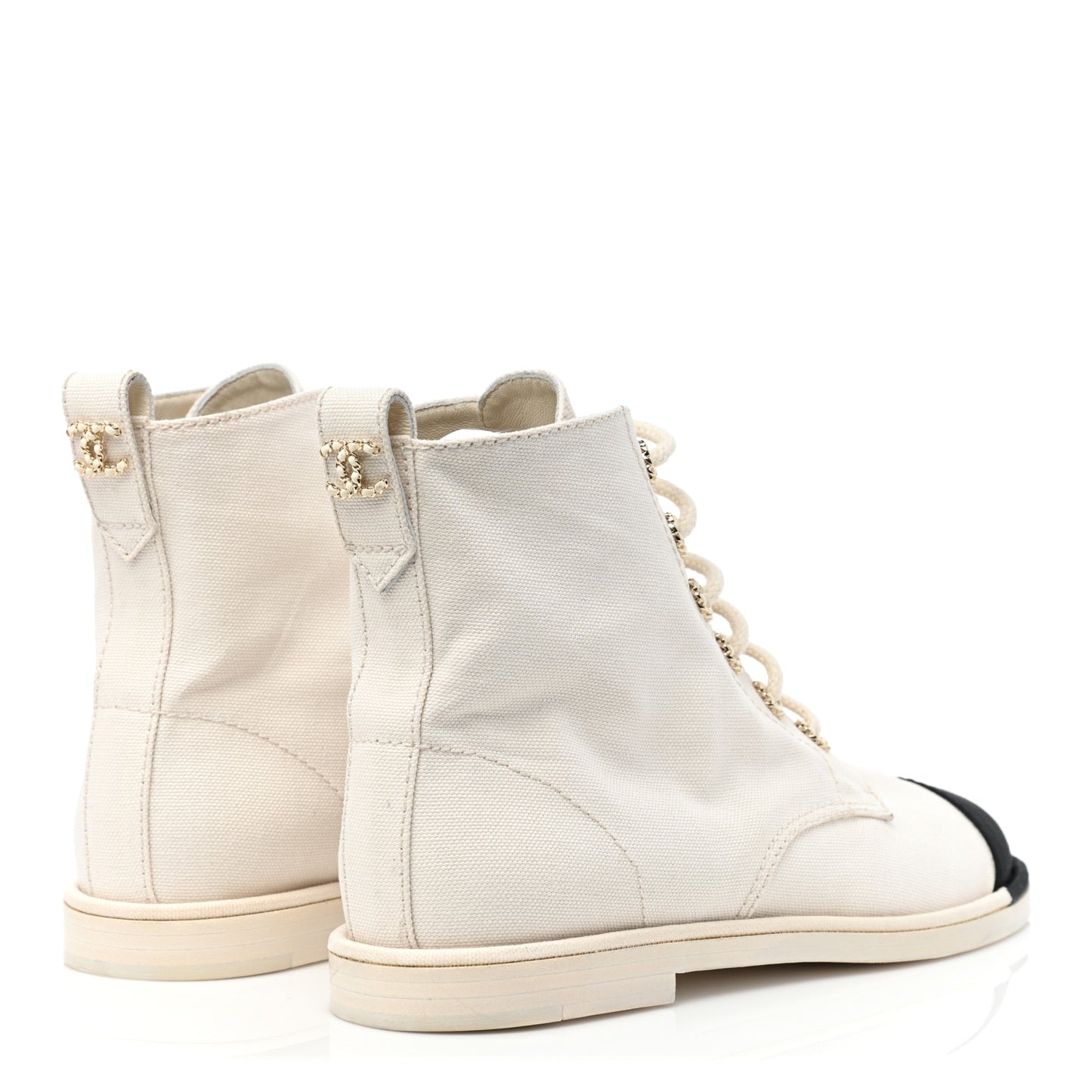 Cotton Grosgrain Cap Toe CC Lace Up Boots 39 White Black