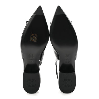 Chanel Crumpled Patent Calfskin CC Bow Slingback Pumps 37.5 Black 6 of 9