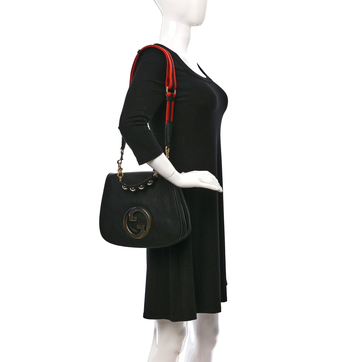 Roxy Calfskin Web Medium Blondie Top Handle Shoulder Flap Bag Black