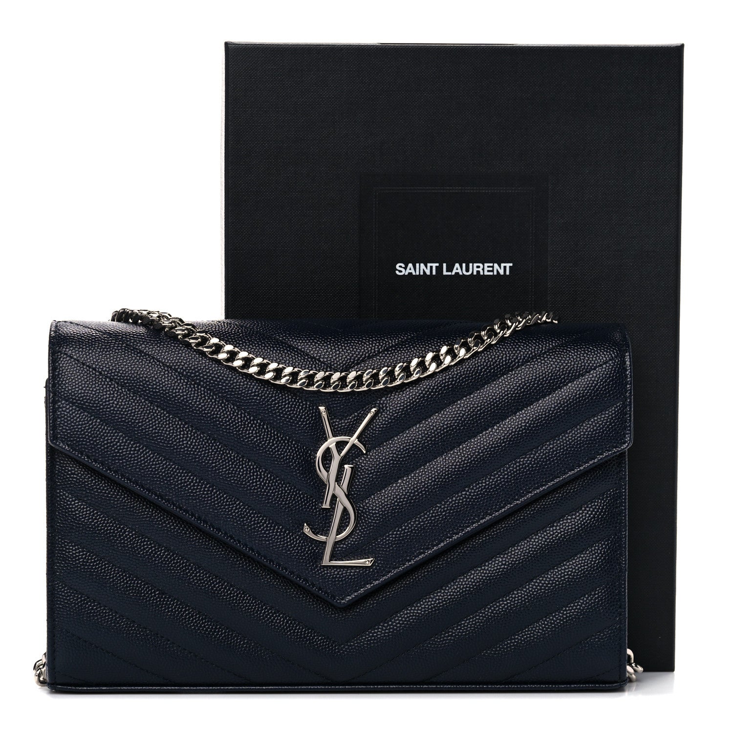 Saint Laurent Grain De Poudre Matelasse Chevron Monogram Chain Wallet Deep Marine 11 of 11