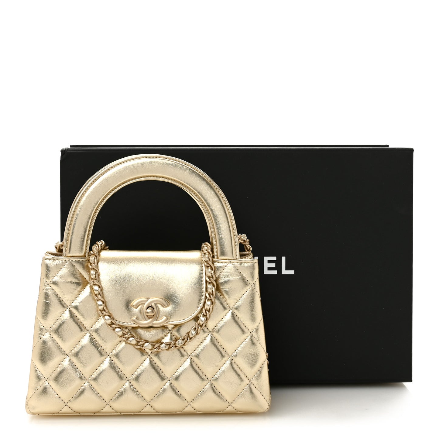 Metallic Shiny Aged Calfskin Quilted Nano Kelly Shopper Gold