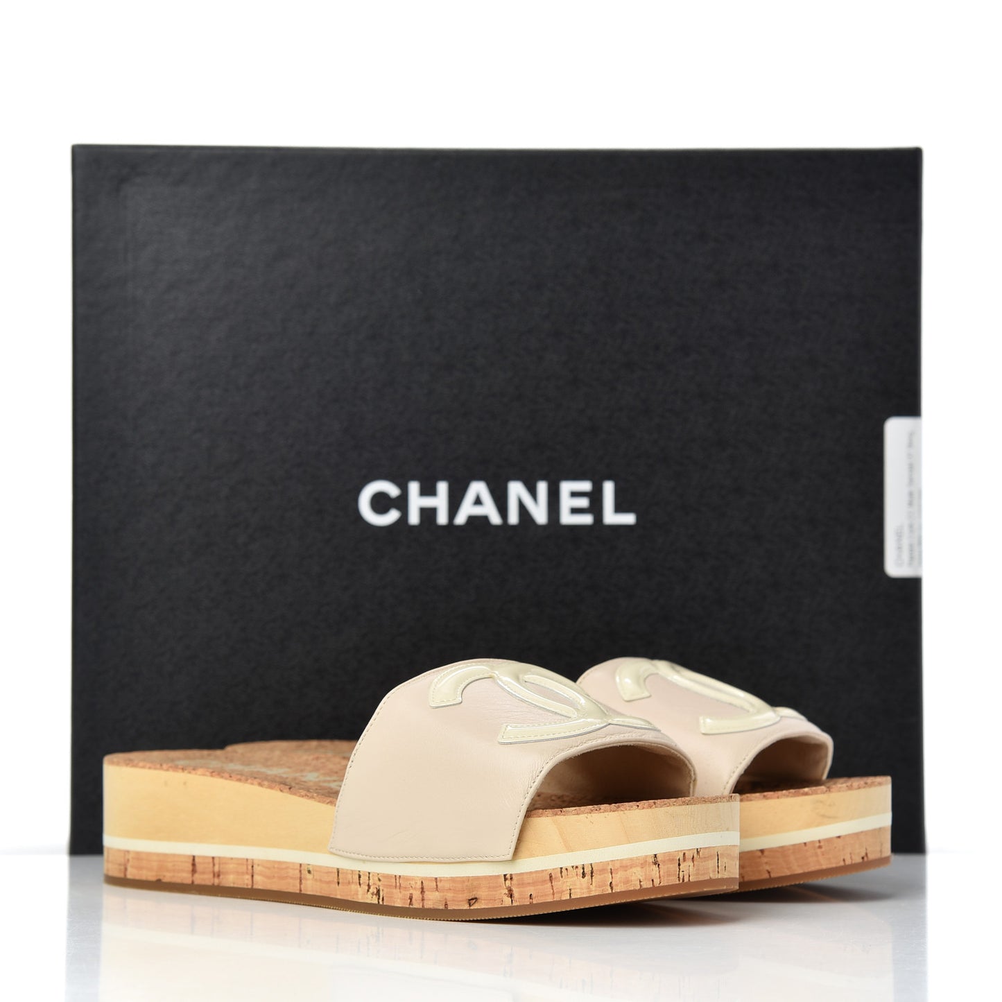 Patent Calfskin Cork CC Platform Slide Sandals 37 Beige