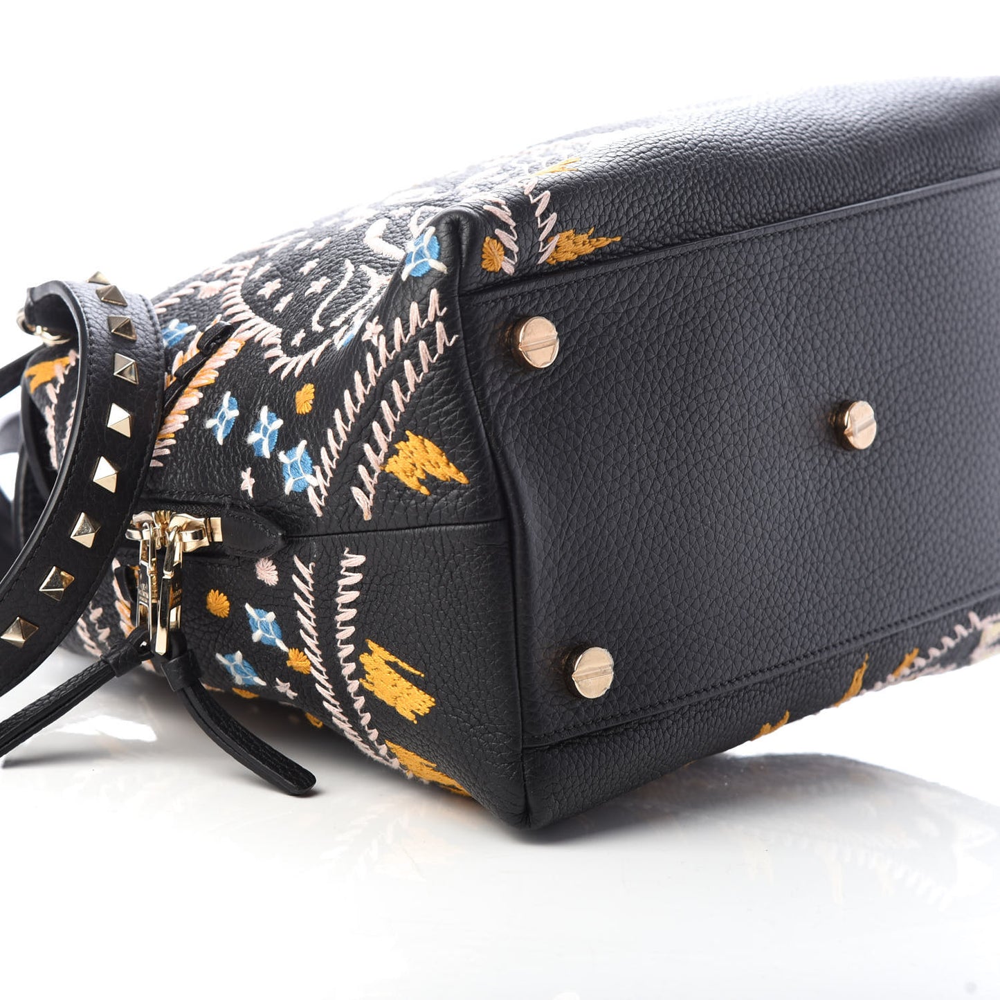 Calfskin Embroidered Rockstud Tote Black