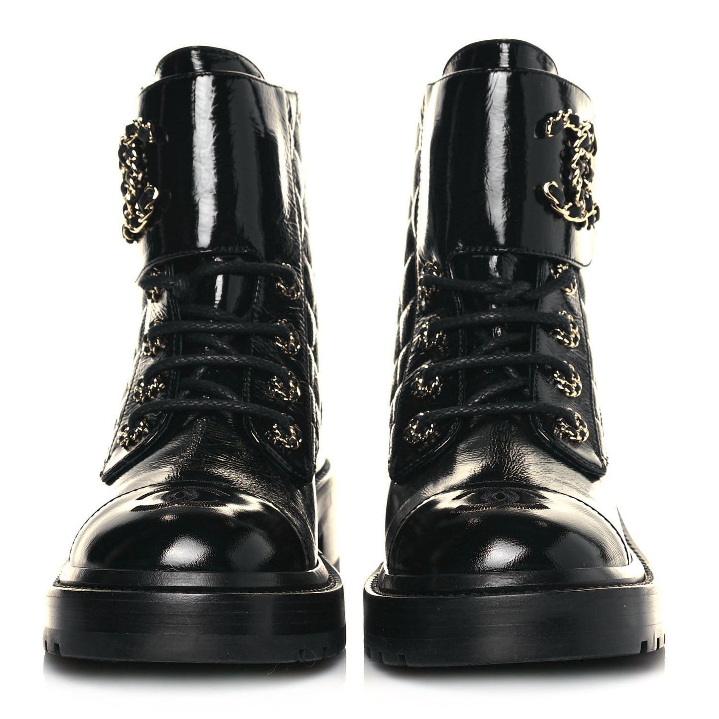 Shiny Calfskin Quilted Lace Up Combat Boots 36.5 Black