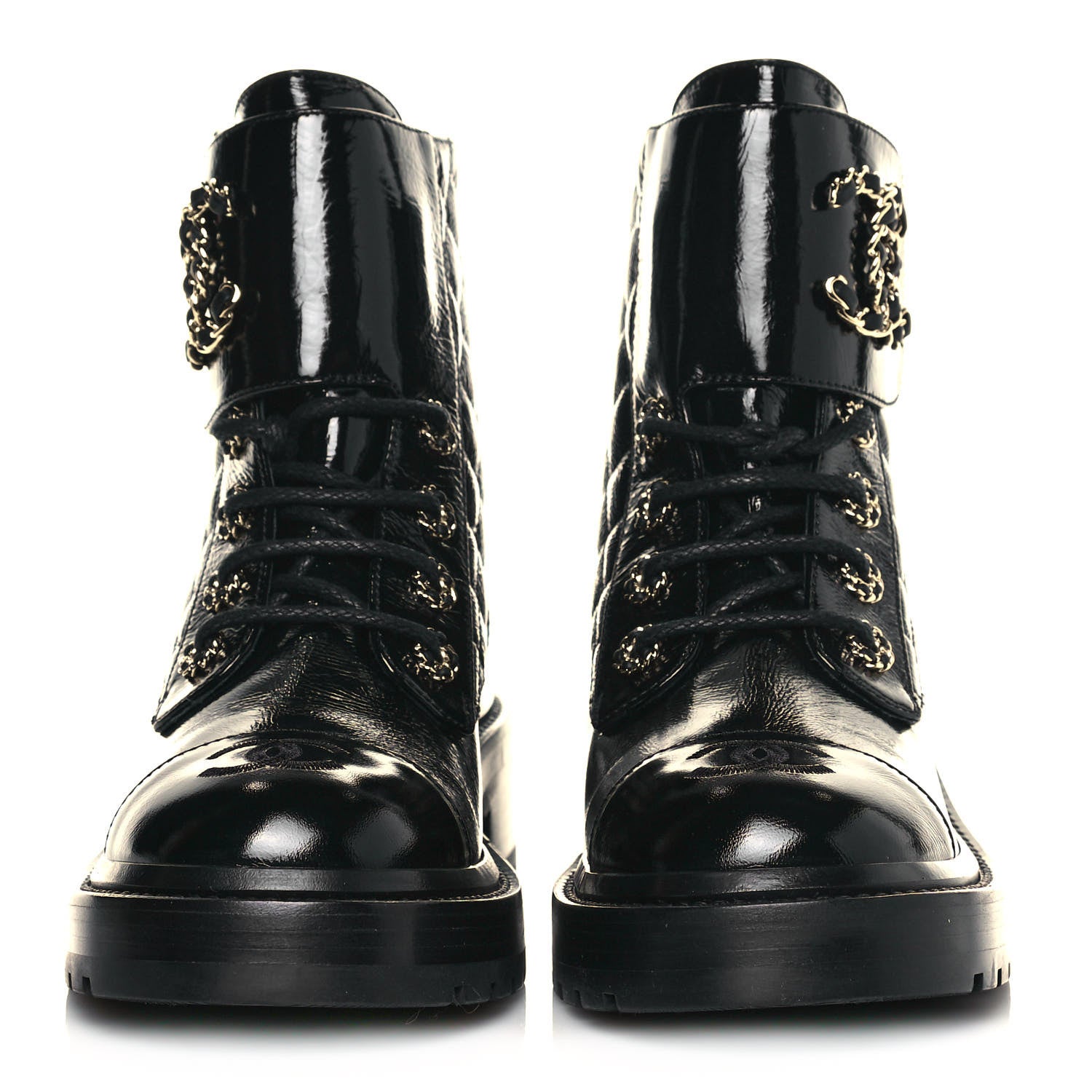 Chanel Shiny Calfskin Quilted Lace Up Combat Boots 36.5 Black 2 of 7