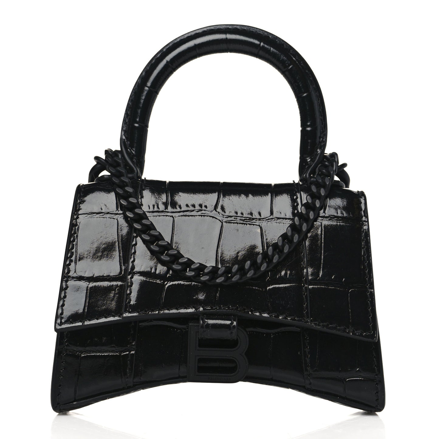 Shiny Calfskin Monochrome Crocodile Embossed Hourglass Top Handle Bag Mini with Chain Black