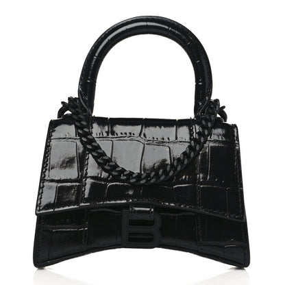 Balenciaga Shiny Calfskin Monochrome Crocodile Embossed Hourglass Top Handle Bag Mini with Chain Black 1 of 9