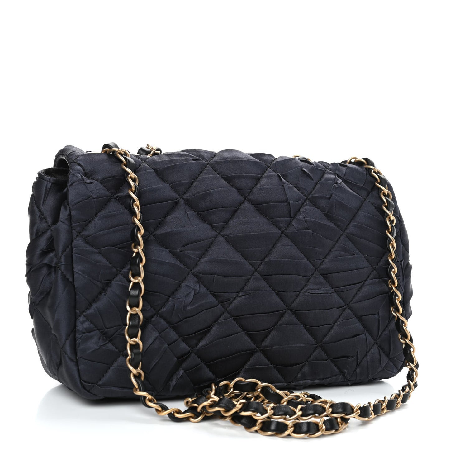Satin Quilted Pleated Medium Single Flap Navy