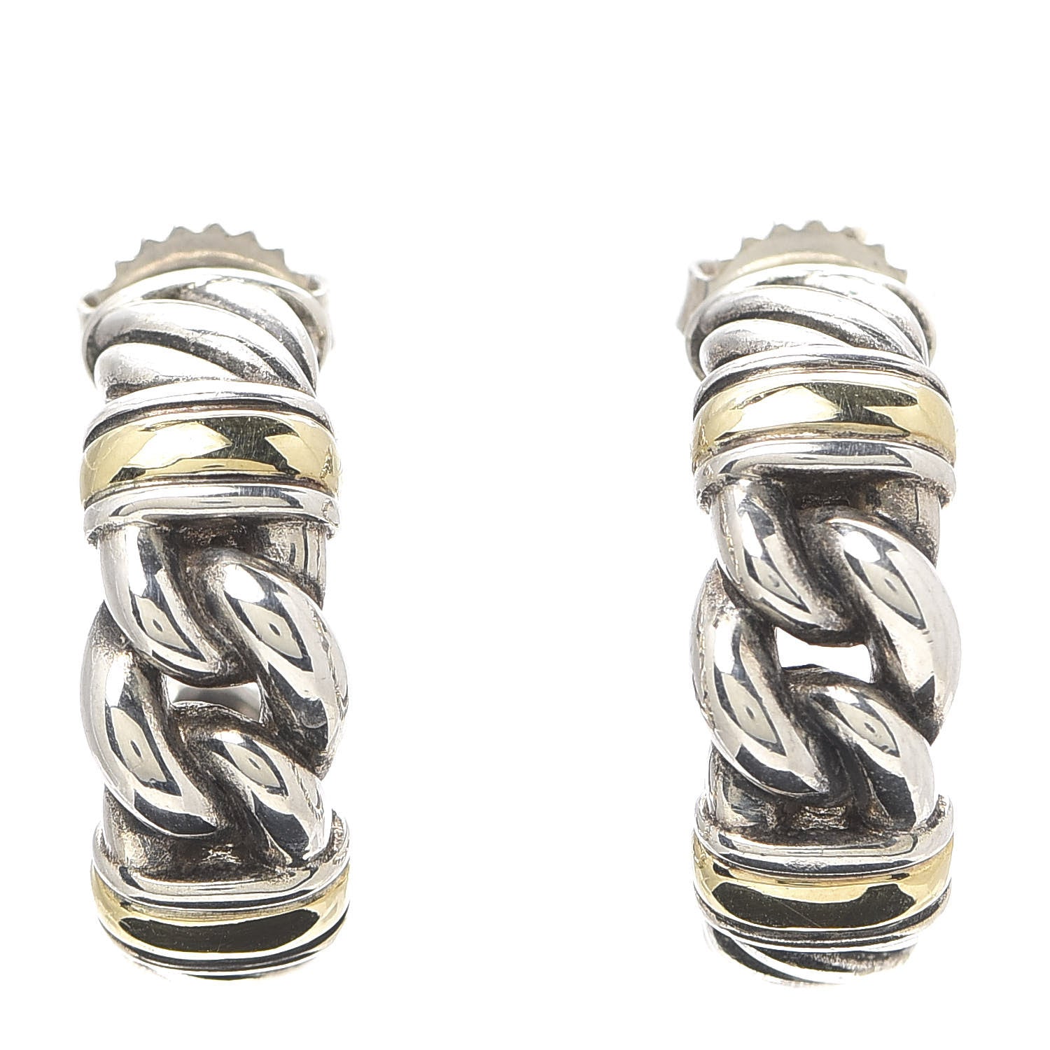 David Yurman Sterling Silver 18K Yellow Gold Link Cable Hoop Earrings 1 of 4