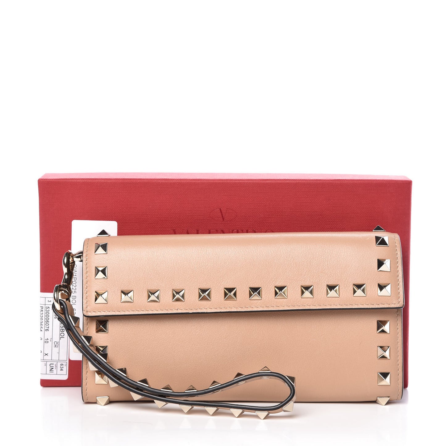 Calfskin Rockstud Wristlet Travel Wallet Camel Rose