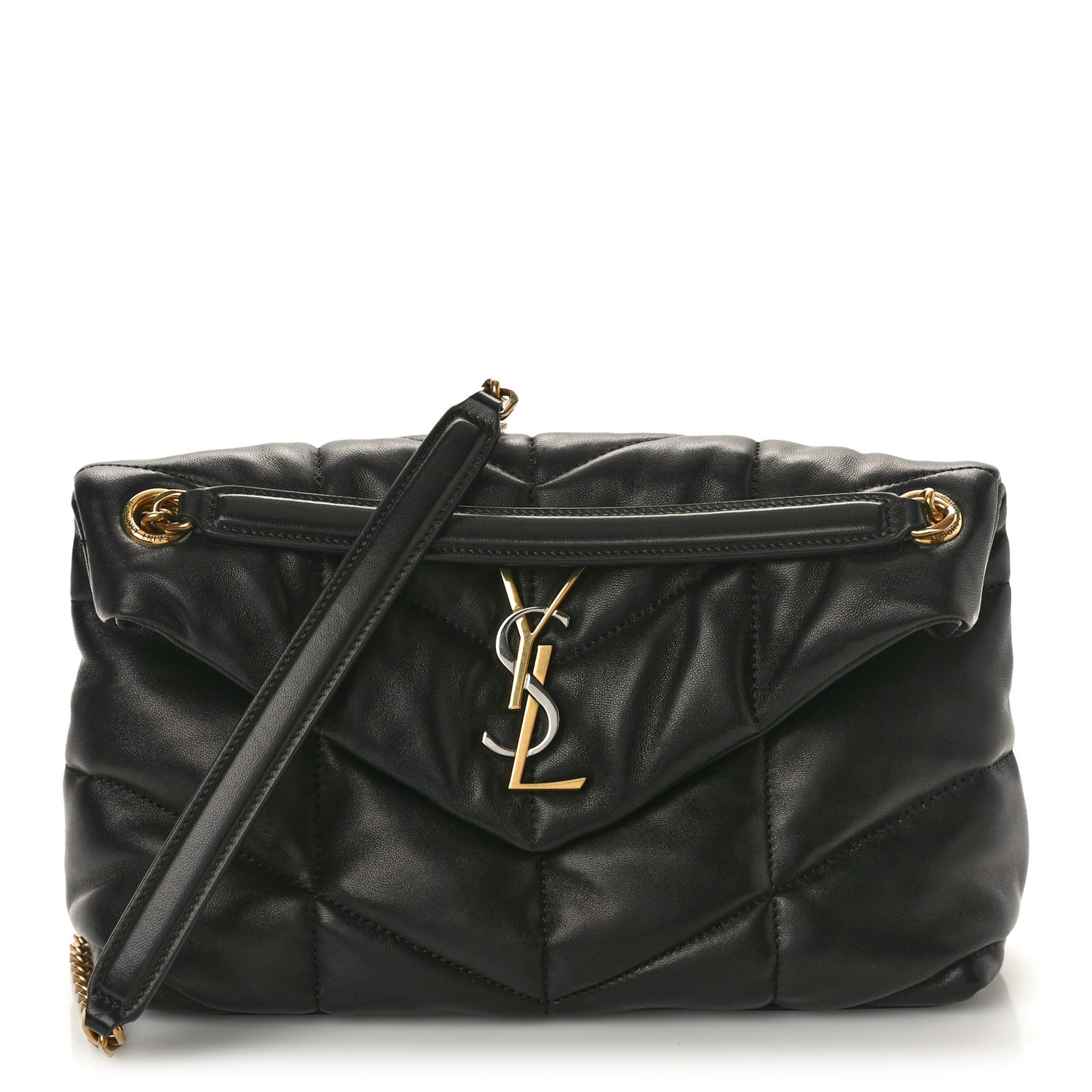Lambskin Quilted Tri-Metal Small Loulou Puffer Monogram Chain Satchel Black