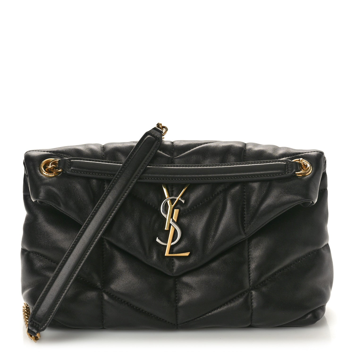 Saint Laurent Lambskin Quilted Tri-Metal Small Loulou Puffer Monogram Chain Satchel Black 1 of 12