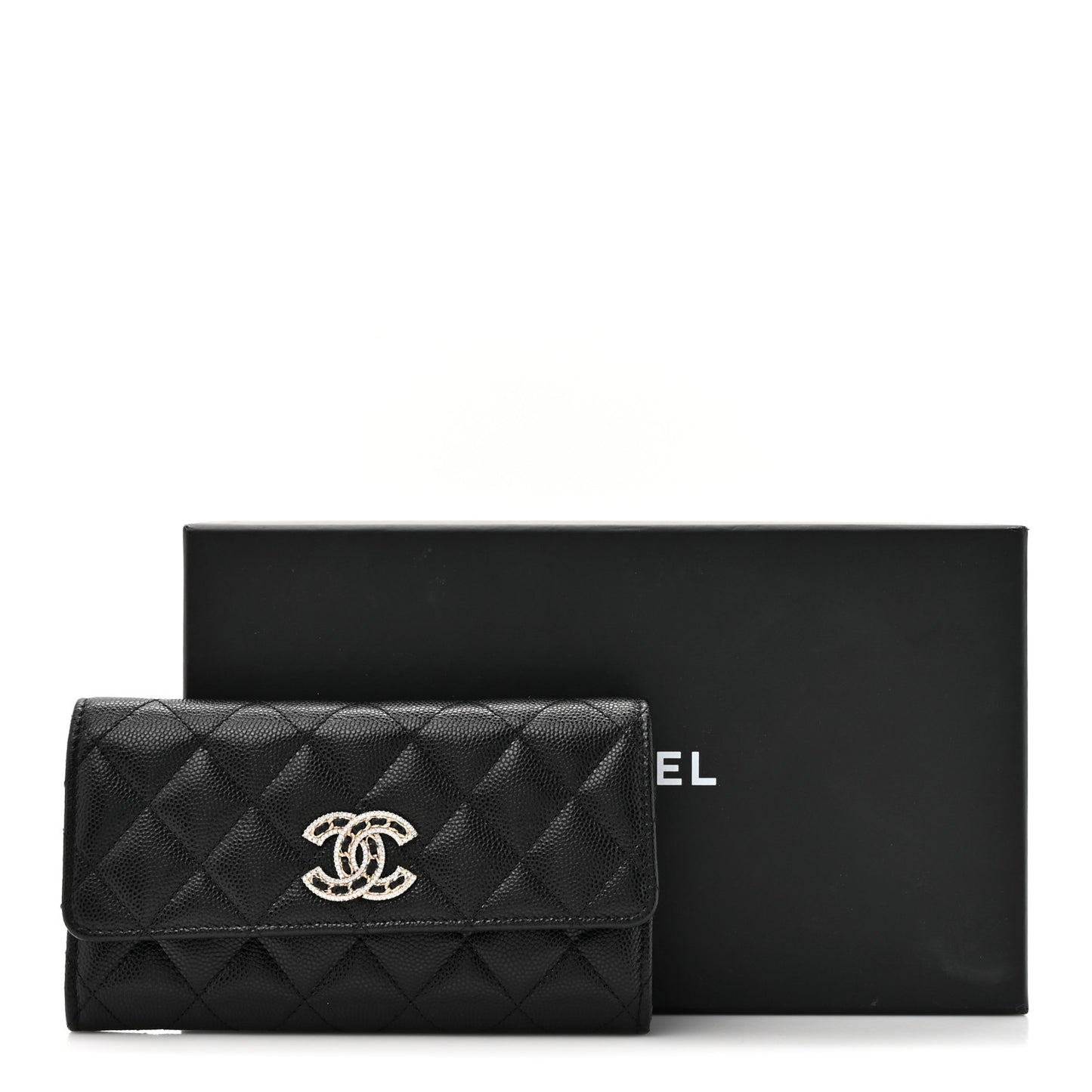 Caviar Quilted Crystal CC Large Gusset Flap Wallet Black