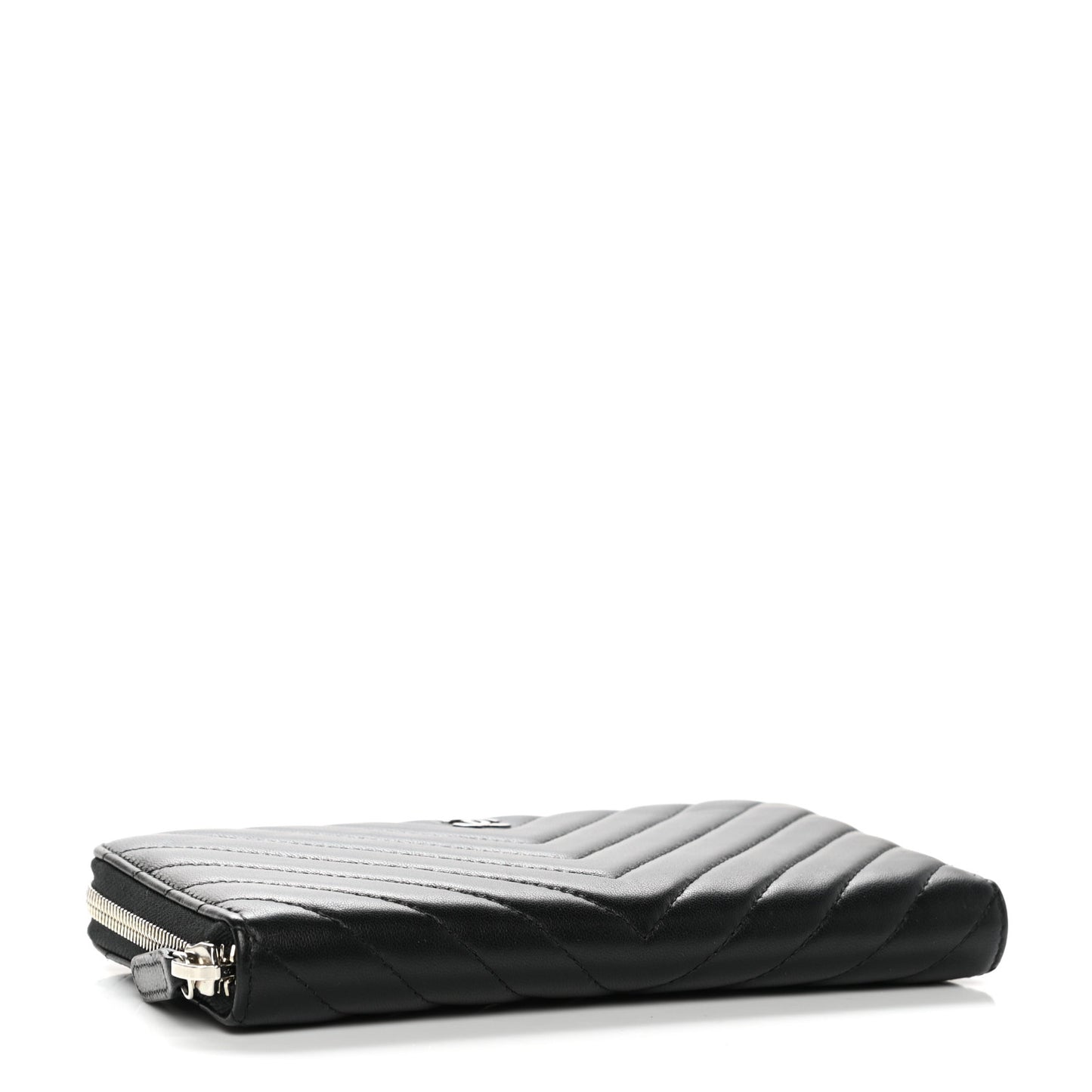 Lambskin Chevron Quilted Zip Around Wallet Black