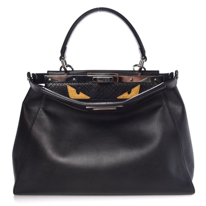 Fendi Vitello Seta Python Crocodile Monster Eyes Medium Peekaboo Iconic Satchel Black Girasole 1 of 11