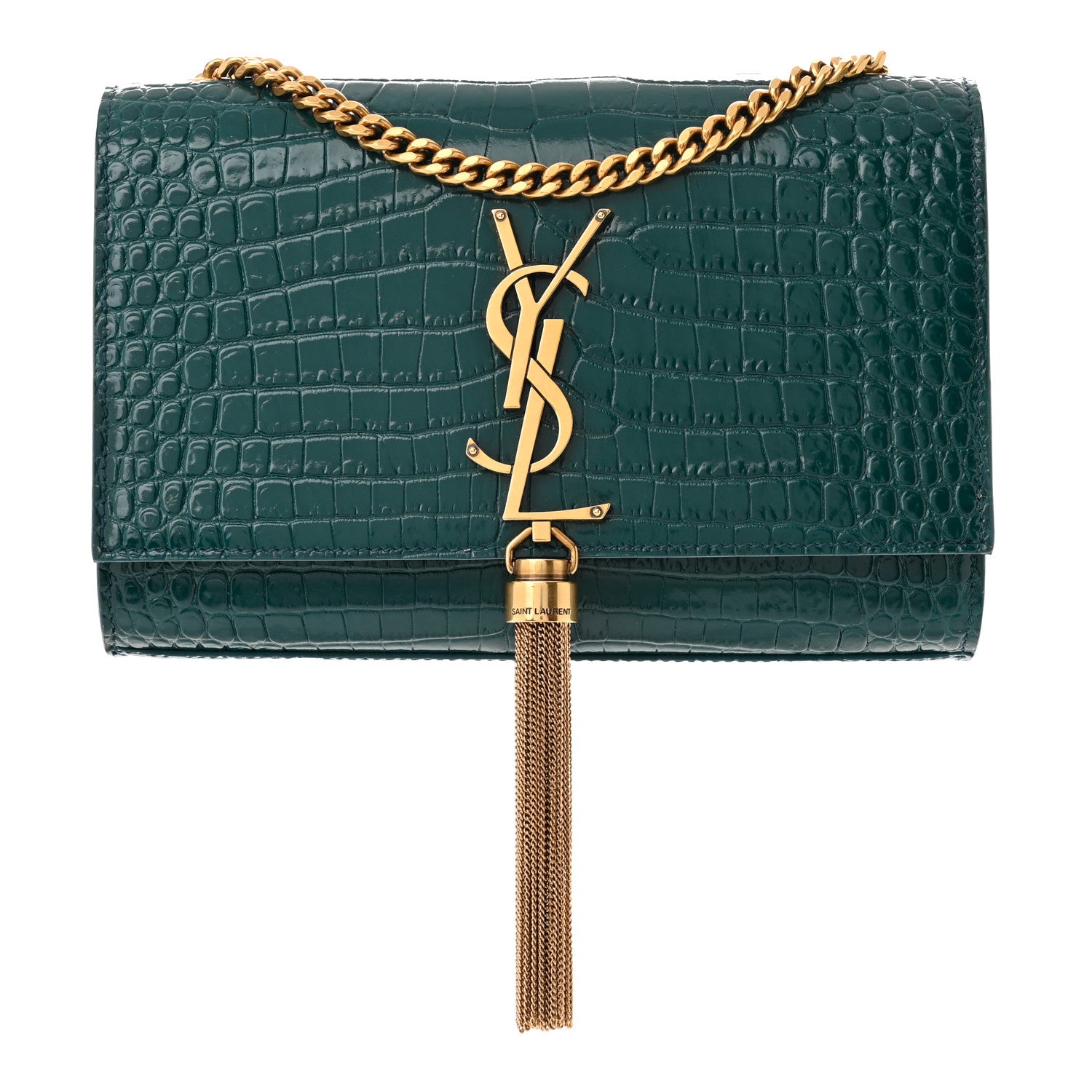 Saint Laurent Calfskin Crocodile Embossed Small Classic Monogram Kate Tassel Satchel Dark Green 1 of 10