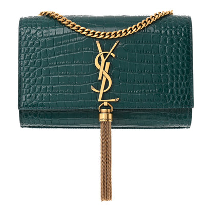 Saint Laurent Calfskin Crocodile Embossed Small Classic Monogram Kate Tassel Satchel Dark Green 1 of 10