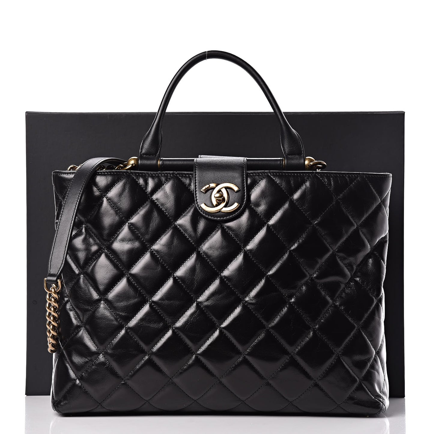 Calfskin Quilted Large Gold Bar Top Handle Tote Black