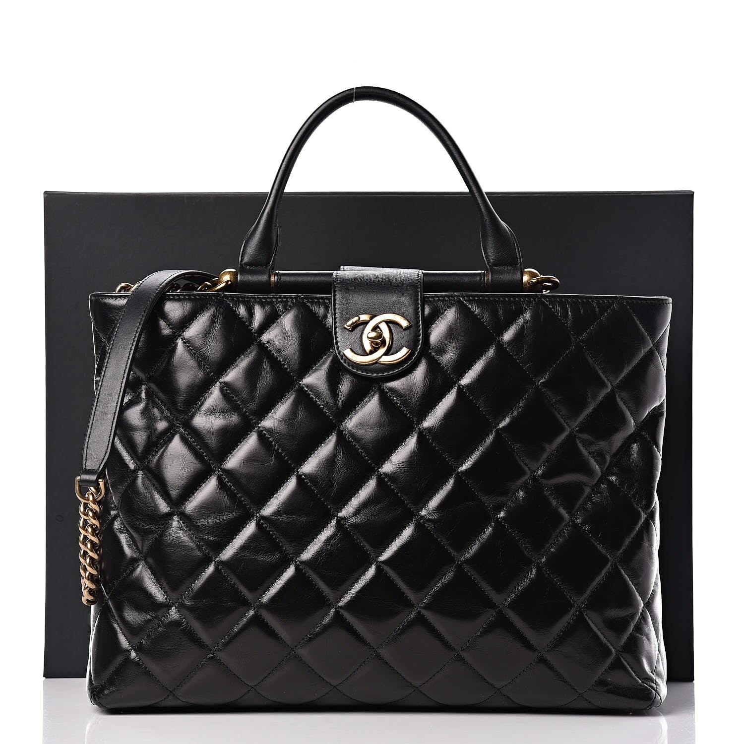 Chanel Calfskin Quilted Large Gold Bar Top Handle Tote Black 13 of 13