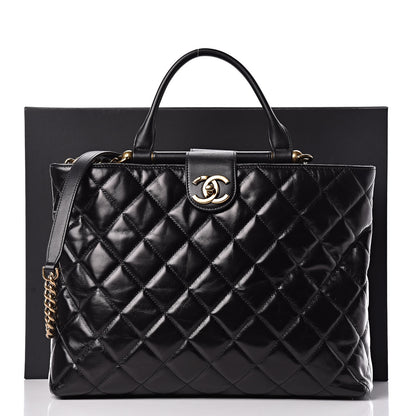 Chanel Calfskin Quilted Large Gold Bar Top Handle Tote Black 13 of 13