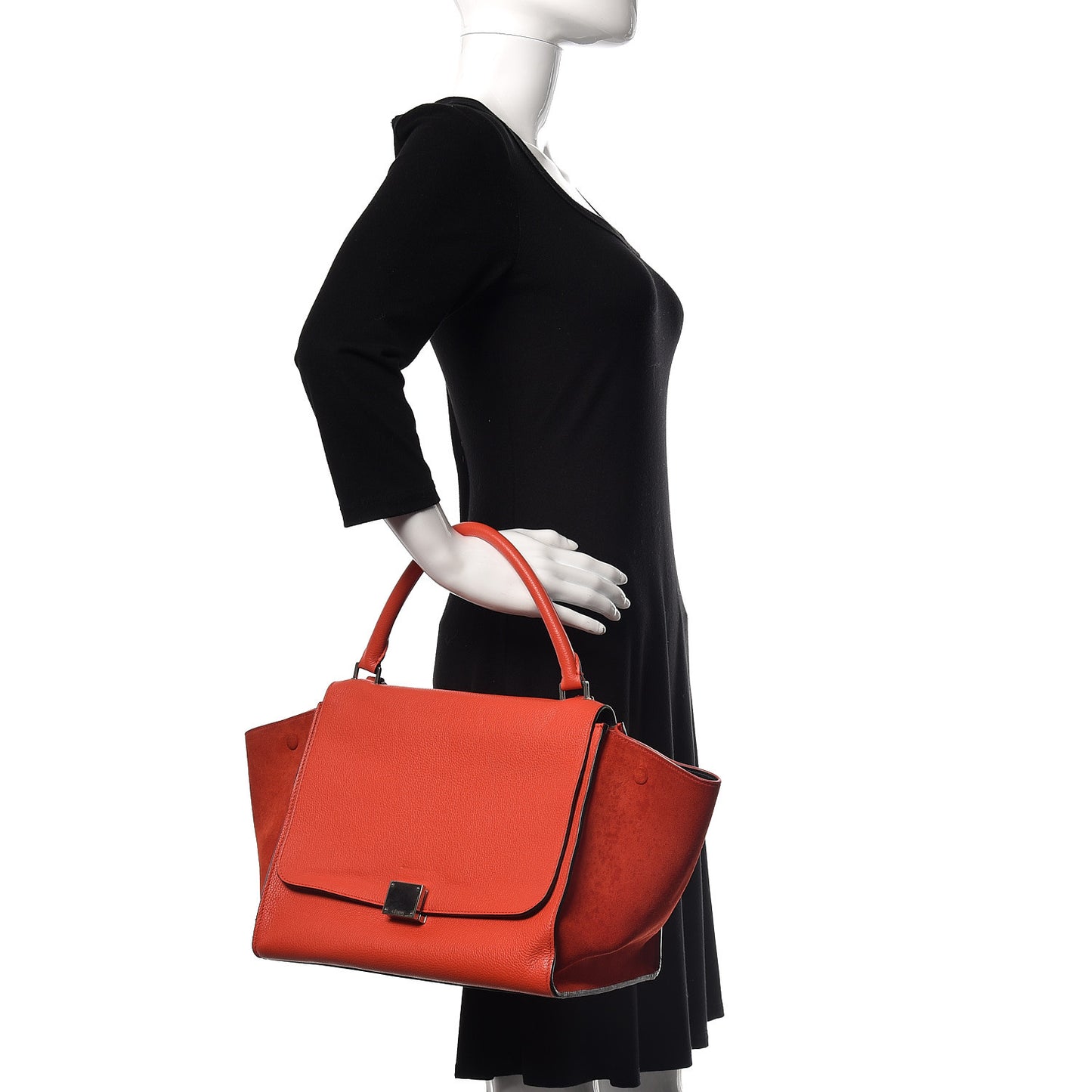 Drummed Calfskin Suede Medium Trapeze Vermillion