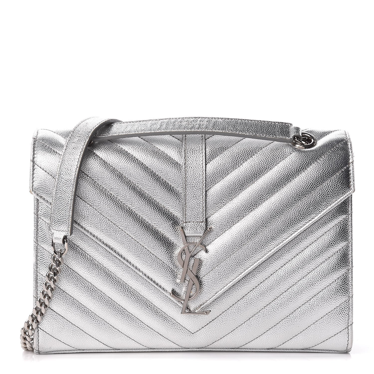 Saint Laurent Metallic Grain De Poudre Matelasse Medium Monogram Satchel Silver 1 of 19