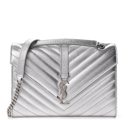Saint Laurent Metallic Grain De Poudre Matelasse Medium Monogram Satchel Silver 1 of 19