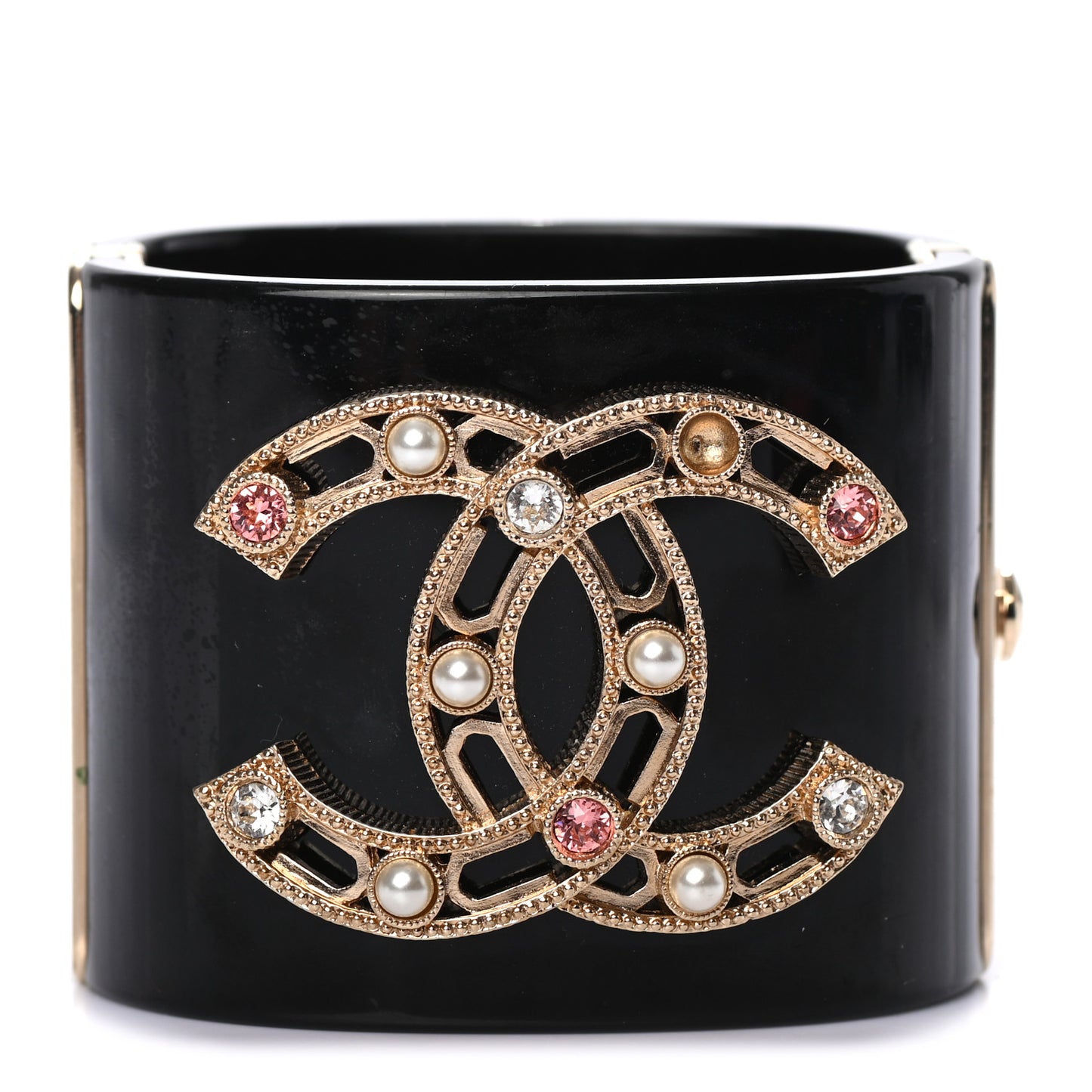 Resin Crystal Pearl CC Cuff Bracelet Black Gold