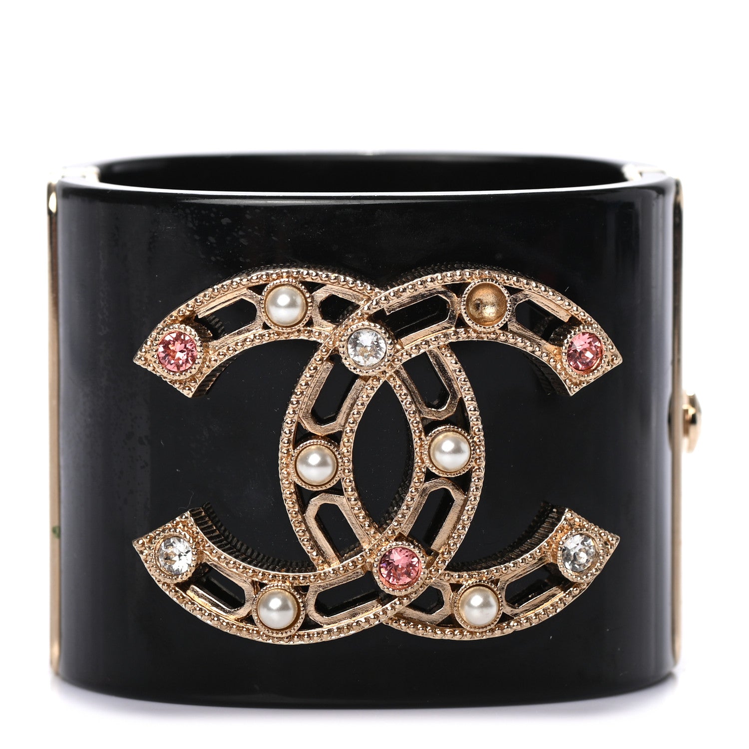 Chanel Resin Crystal Pearl CC Cuff Bracelet Black Gold 1 of 5