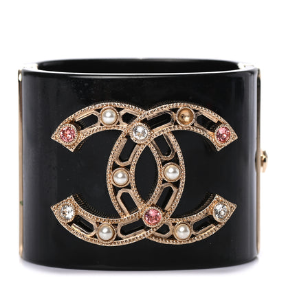 Chanel Resin Crystal Pearl CC Cuff Bracelet Black Gold 1 of 5