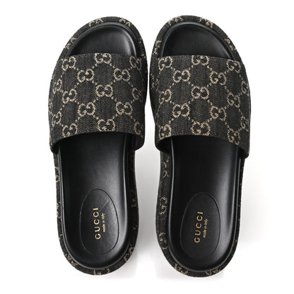 Gucci Jacquard Black Denim GG Monogram Angelina Platform 55mm Slide Sandals 39.5 Black Ivory 2 of 10