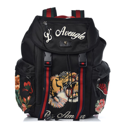 Gucci Techno Canvas Web L'Aveugle Par Amour Embroidered Double Buckle Backpack Black 1 of 9
