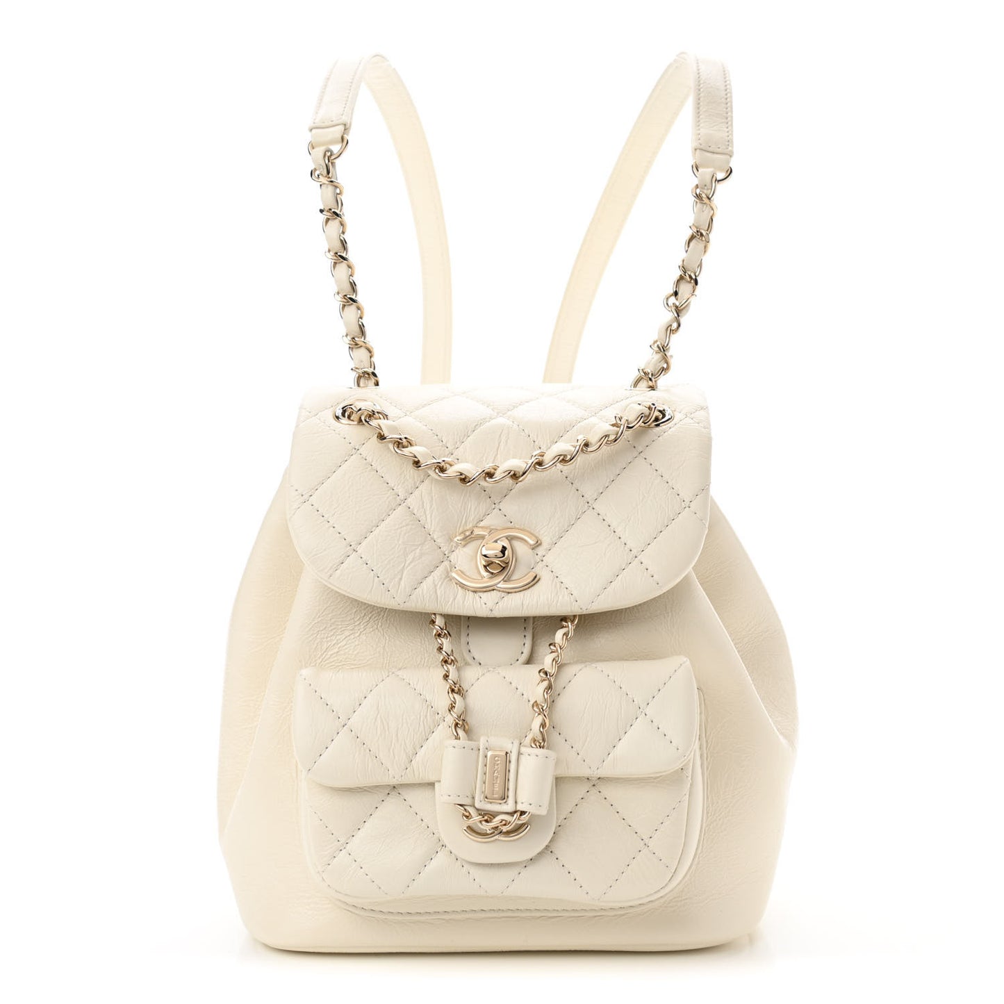 Glazed Aged Calfskin Quilted Small Duma Drawstring Backpack White