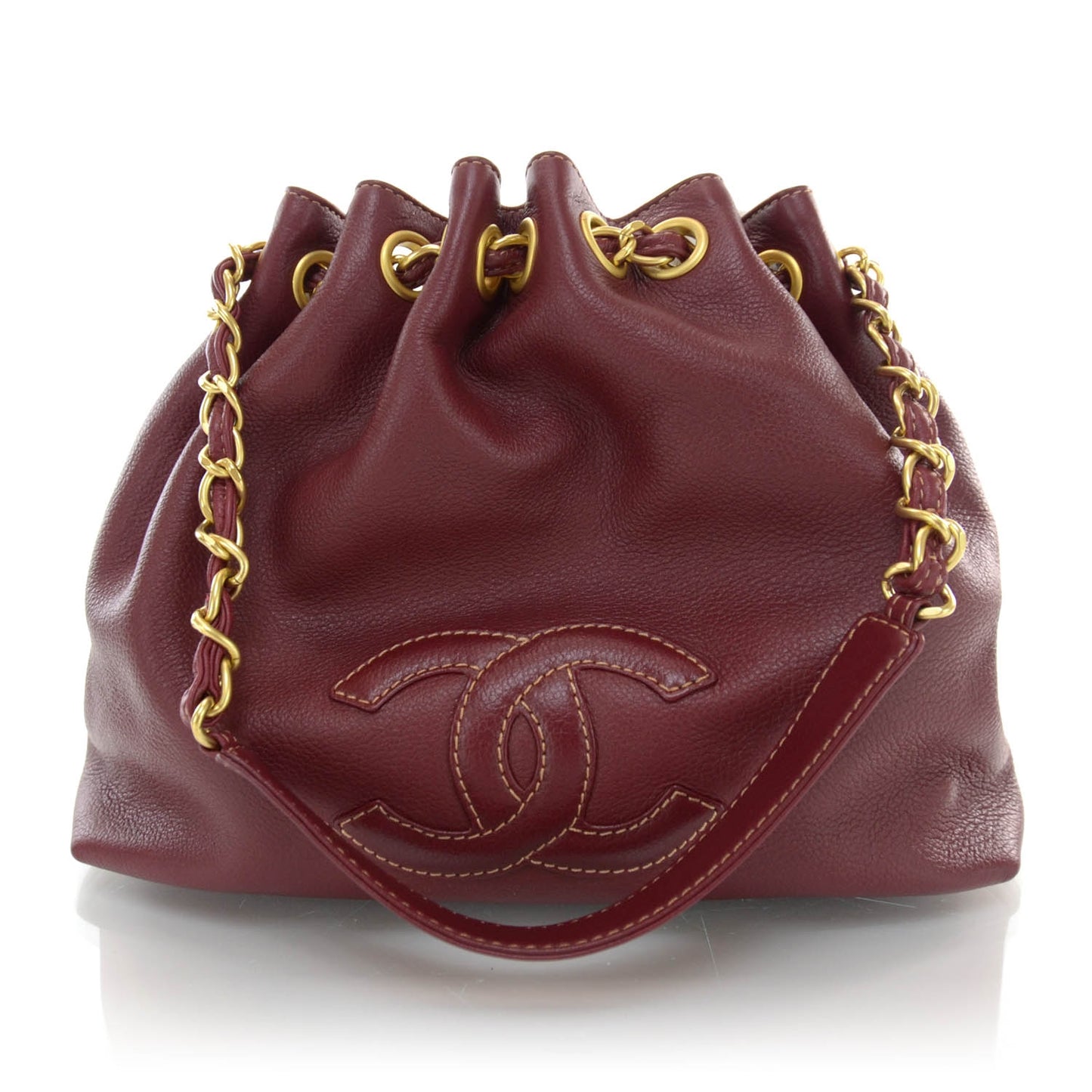 Calfskin CC Drawstring Bucket Bag Red