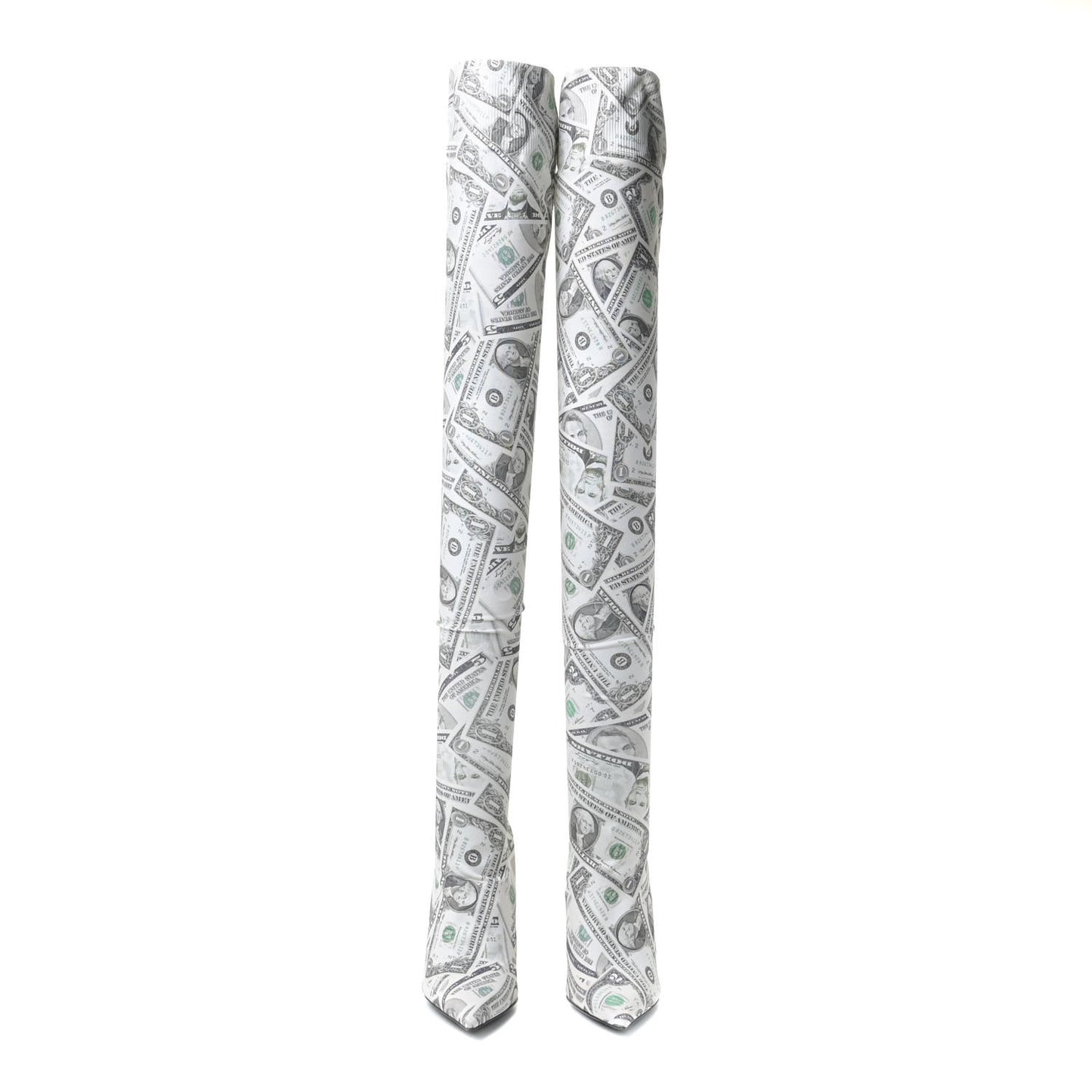 Dollar Printed Spandex Toe Knife Thigh High Boots 38 Vert
