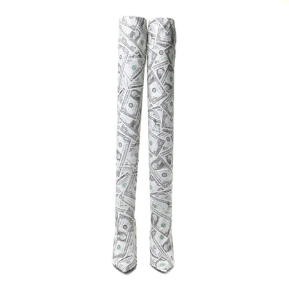 Balenciaga Dollar Printed Spandex Toe Knife Thigh High Boots 38 Vert 4 of 13