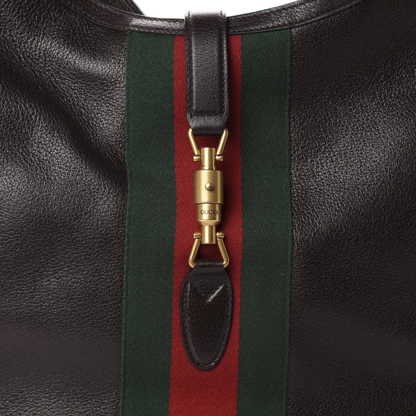 Soft Grained Calfskin Web Large Jackie Hobo Dark Brown