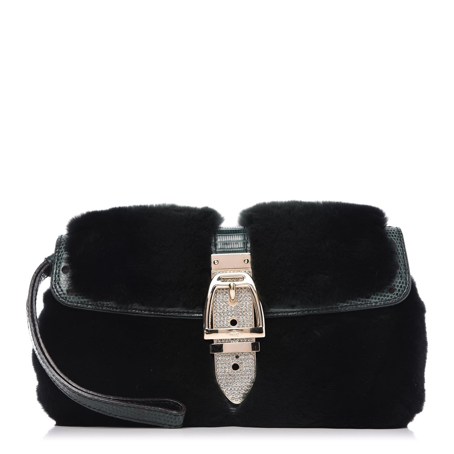 Gucci Mink Fur Lizard Crystal Wristlet Green 1 of 10