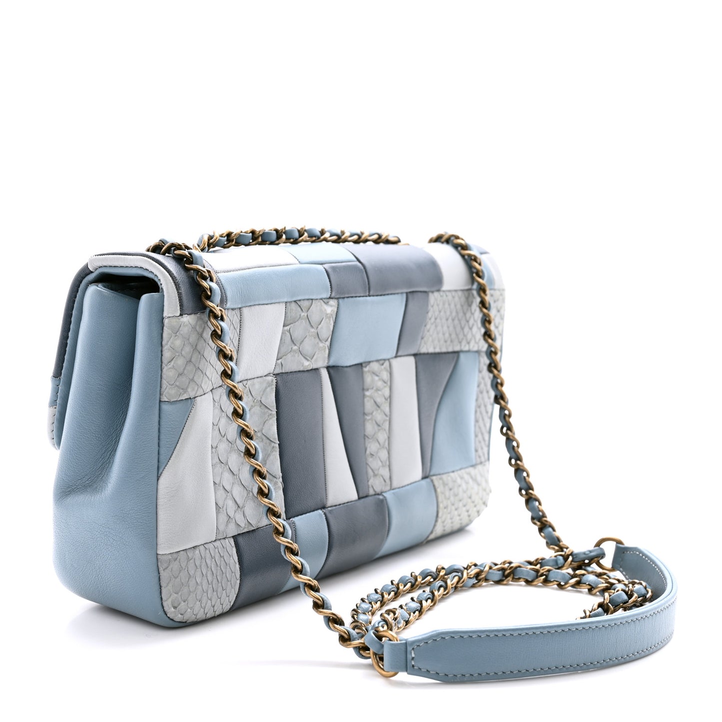 Snakeskin Lambskin Patchwork Small Flap Blue