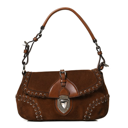 Prada Suede Whipstitch Grommet Shoulder Bag Brown 1 of 11