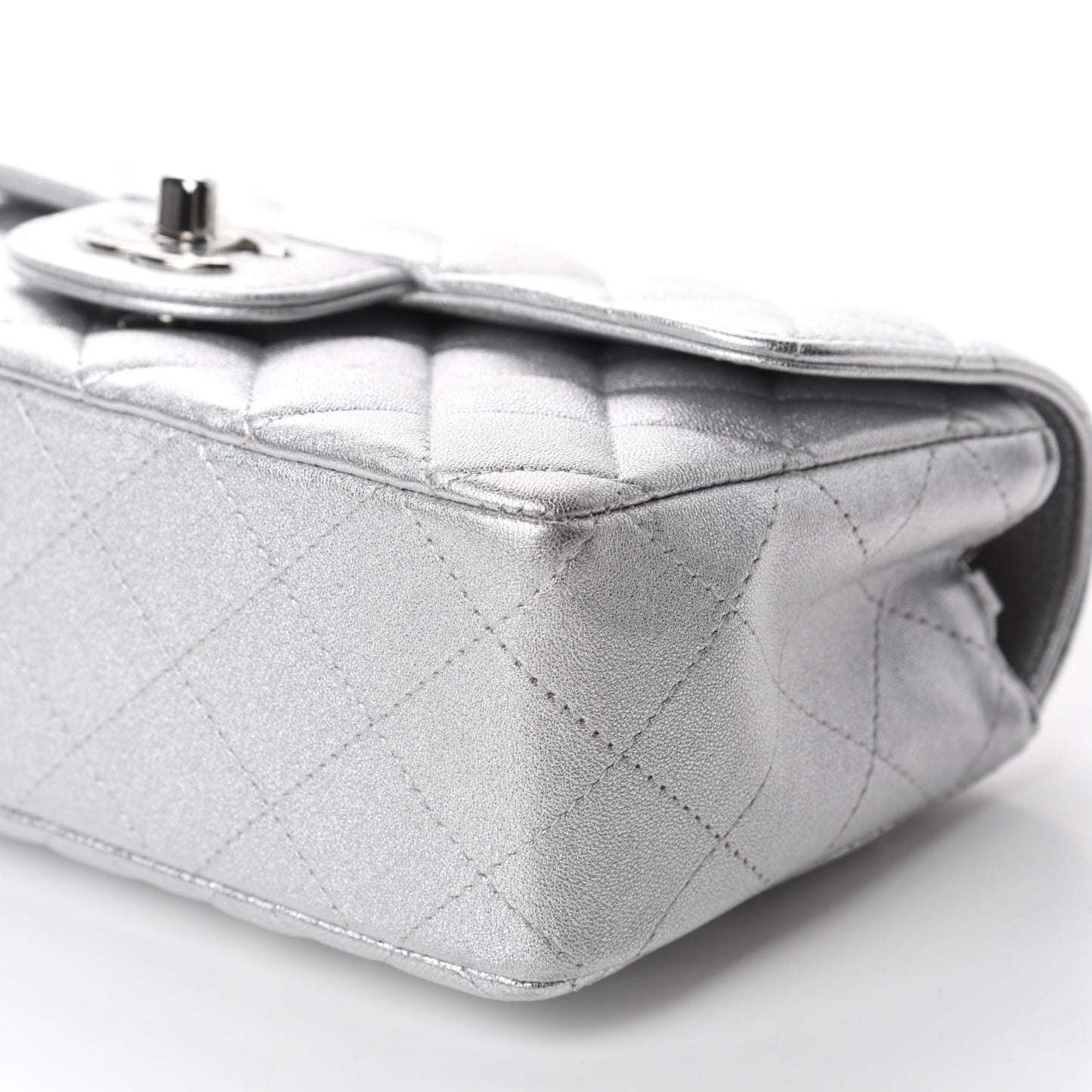 Metallic Lambskin Quilted Mini Rectangular Flap Silver