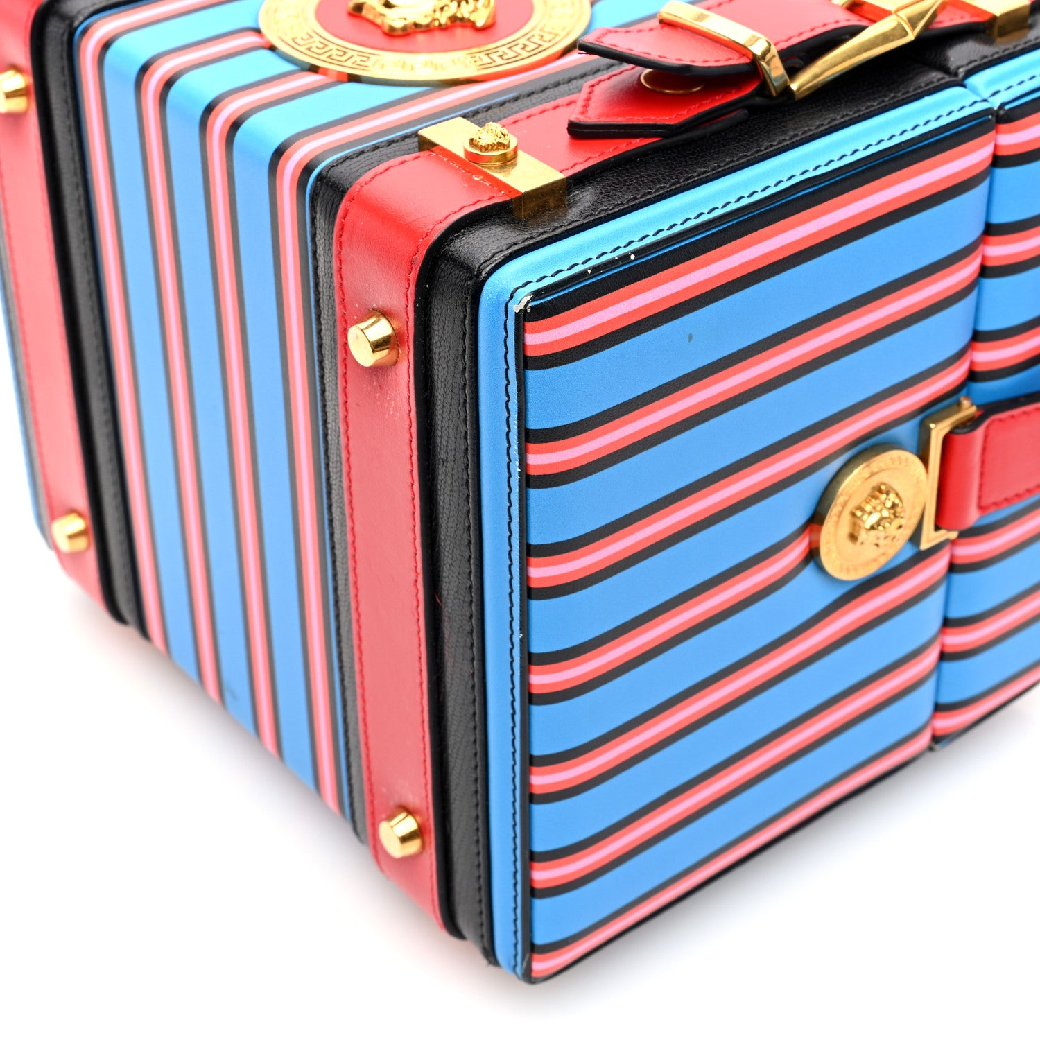 Versace Calfskin Medusa Vanity Stripe Train Case Blue Red Multicolor 9 of 9