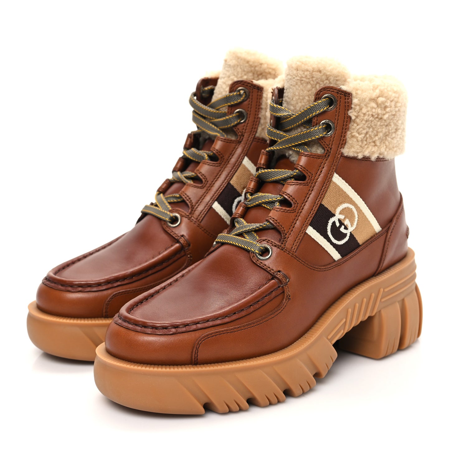 Quebec Wool Calfskin Web Womens Interlocking G Lace Up Combat Boots 37 Cuir Mystic White Ebony Beige
