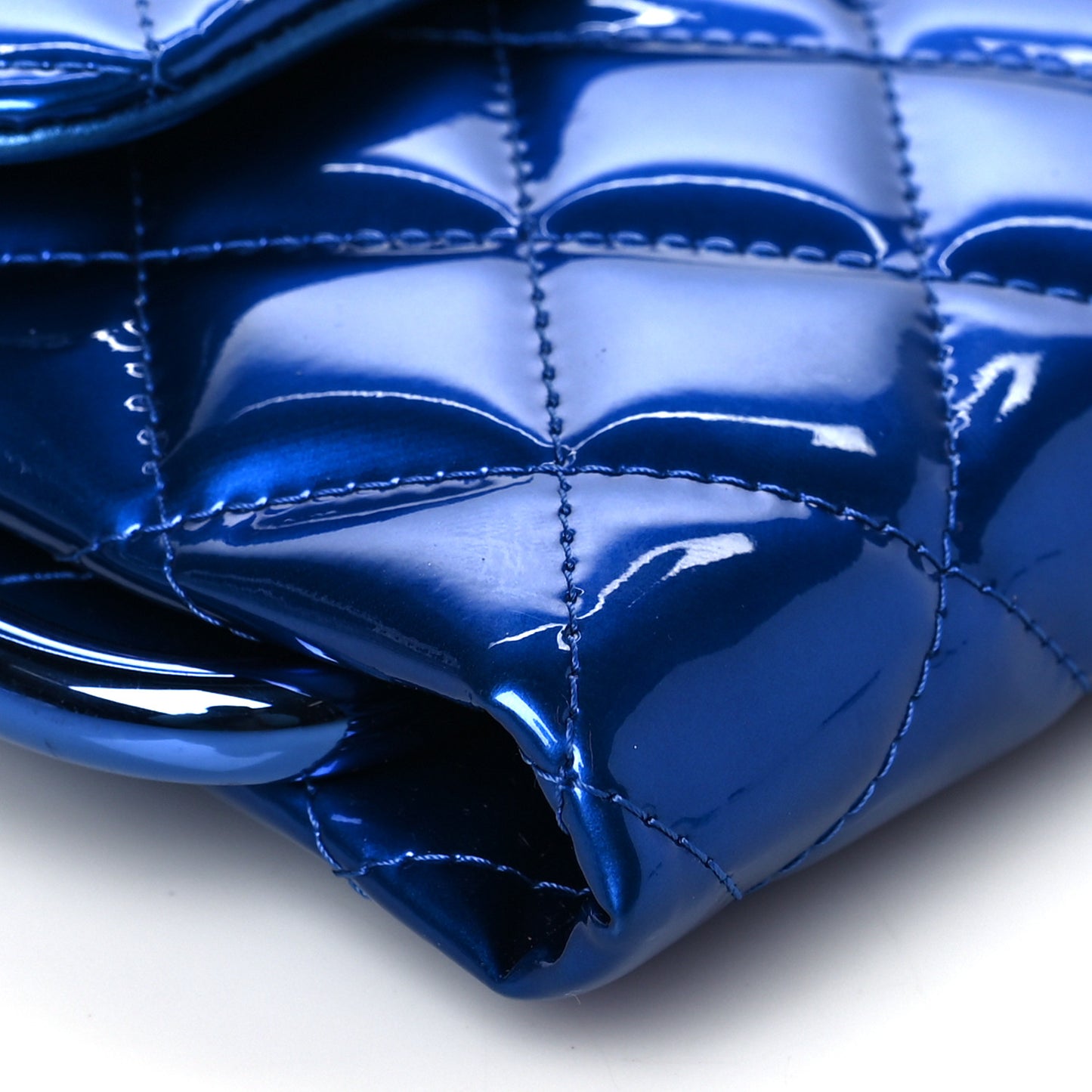 Metallic Patent Calfskin Quilted Metal Handle Clutch Blue