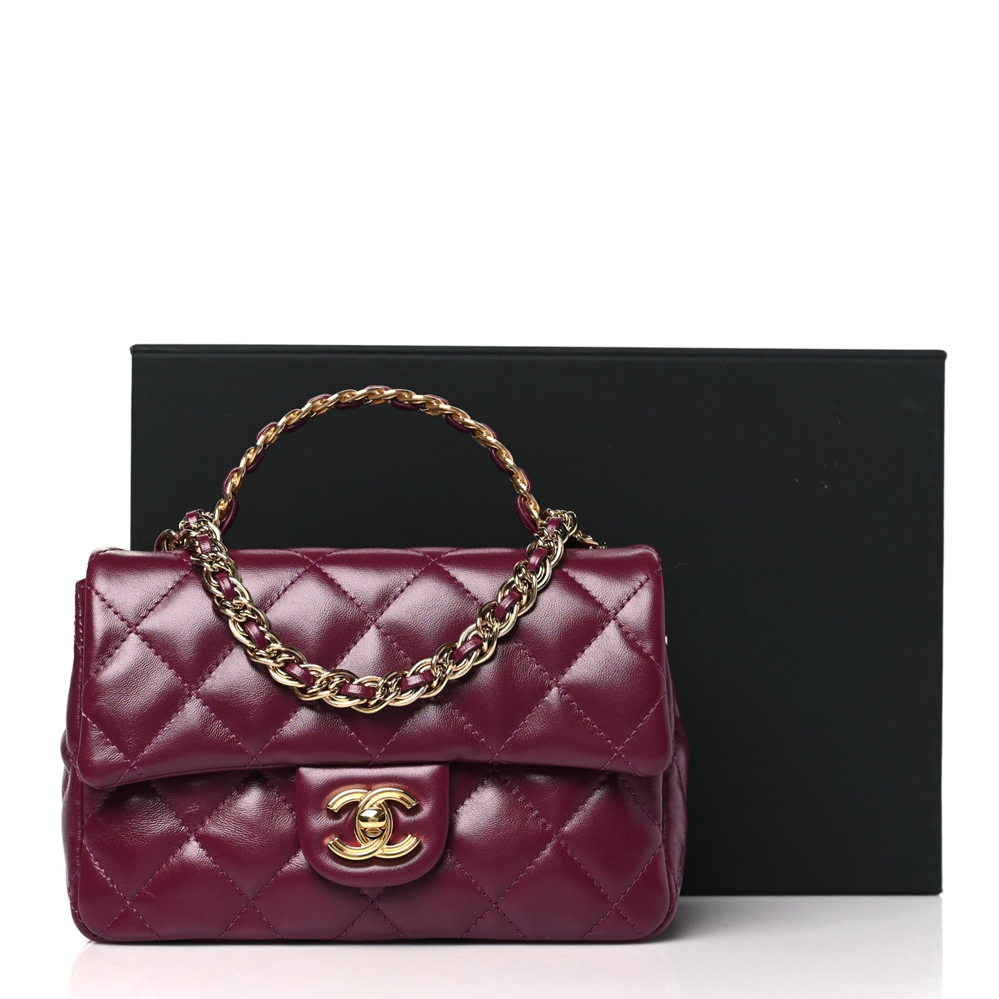 Shiny Lambskin Quilted Golden Links Top Handle Flap Dark Purple