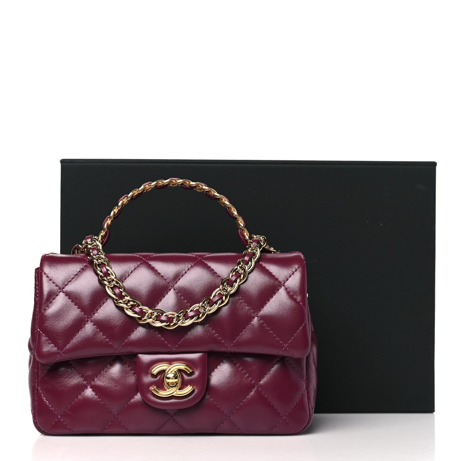 Chanel Shiny Lambskin Quilted Golden Links Top Handle Flap Dark Purple 11 of 11