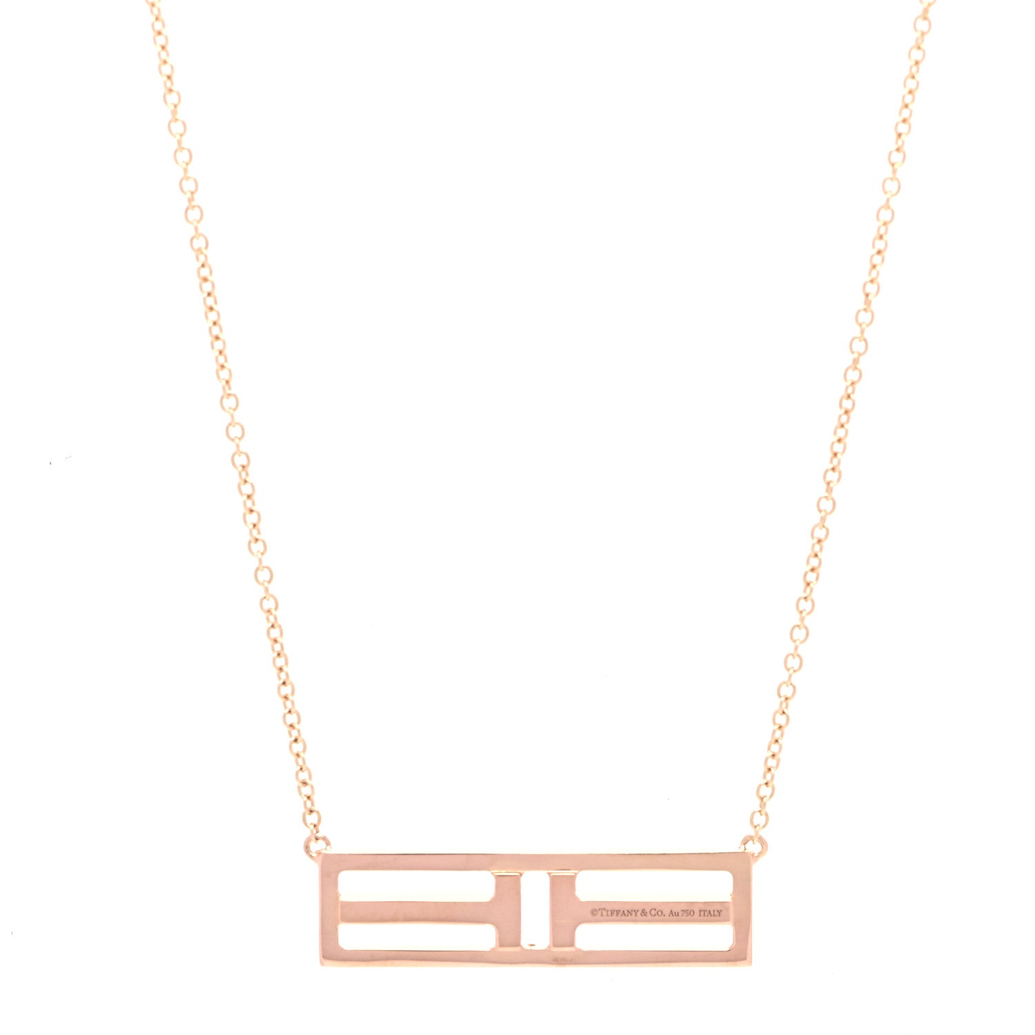 Tiffany 18K Rose Gold Pink Sapphire T Open Horizontal Bar Pendant Necklace 3 of 7