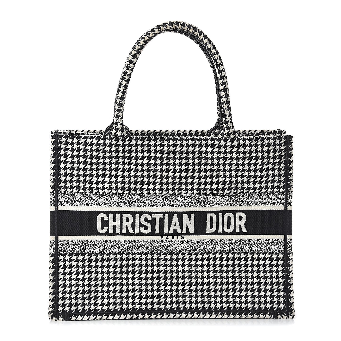 Canvas Houndstooth Embroidered Medium Book Tote Black White