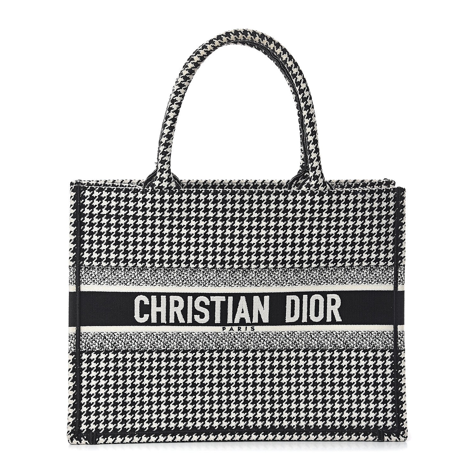 Christian Dior Canvas Houndstooth Embroidered Medium Book Tote Black White 1 of 8